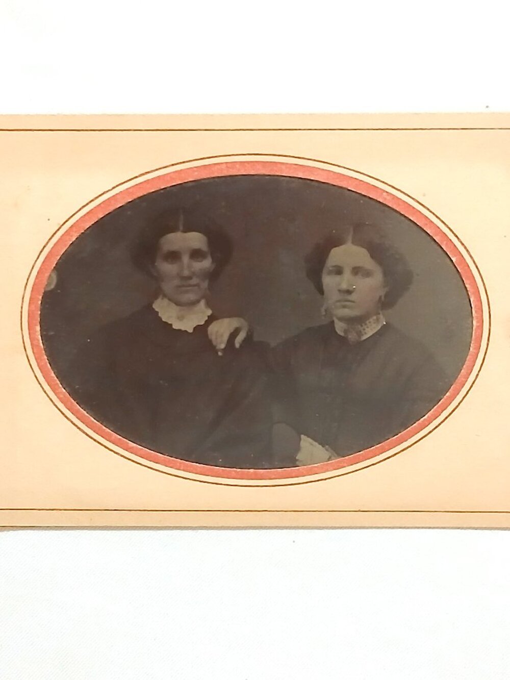 Antique 1800s Tintype Photo Two Women Victorian Portrait Decorative Oval Mount